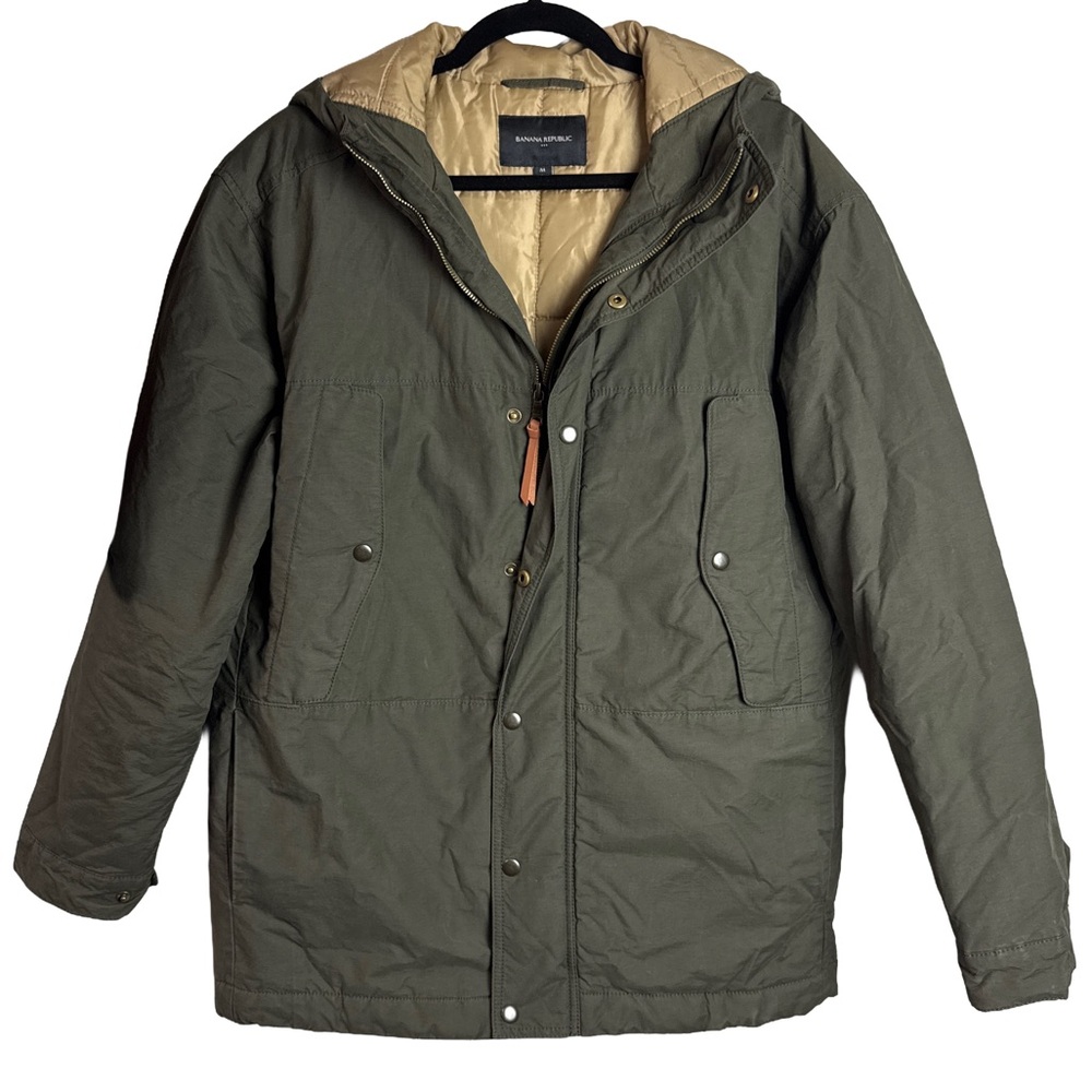Banana Republic Men’s Parka Jacket Medium Olive Green Hooded Quilted Lined